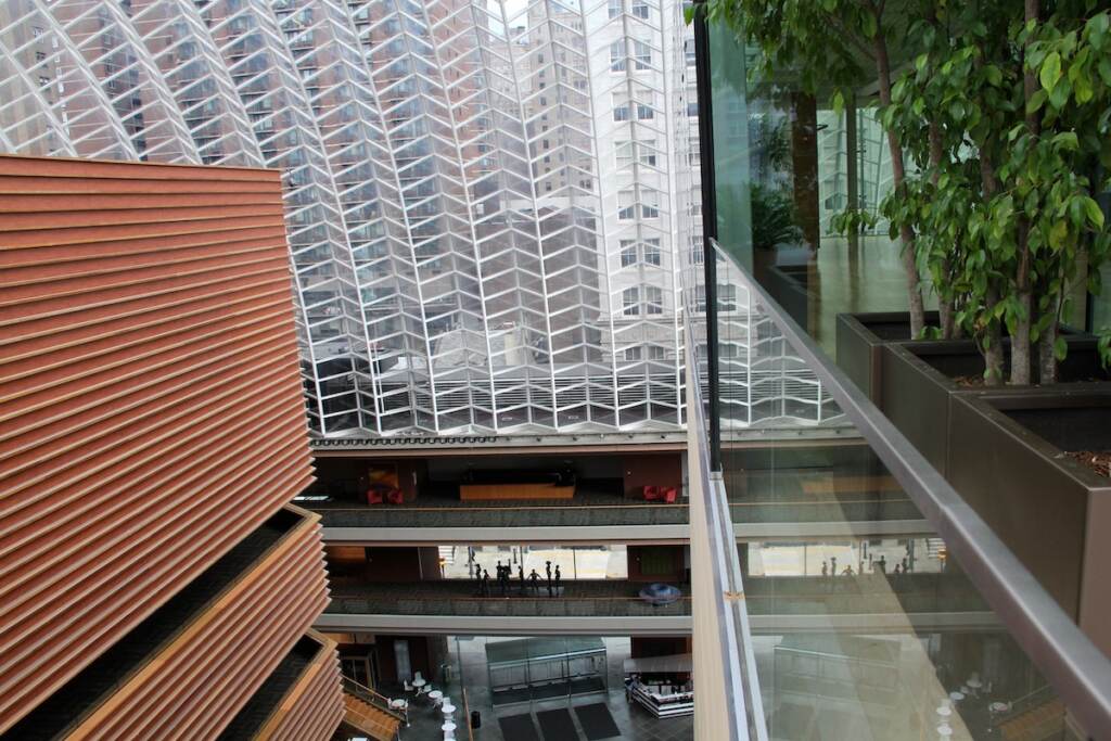 The newly enclosed Hamilton Gardens (right) is protected from the extremes of heat and cold within the Kimmel Center dome. (Emma Lee/for NewsWorks)