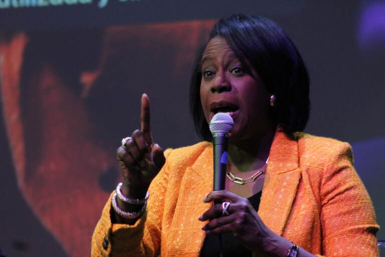 Cherelle Parker speaks into a microphone.