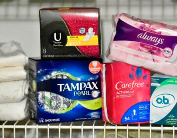 Several boxes of pads and tampons are arranged on a shelf.