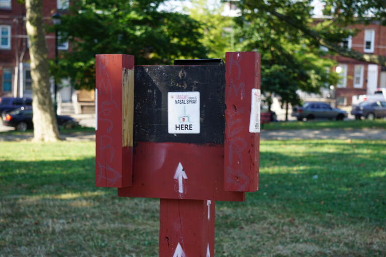 A Narcan dispenser in Kensington's McPherson Square park. (Sam Searles/WHYY)