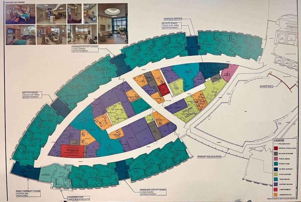 A close-up of a blueprint for the redesign of the 5th floor of Nemours Children's Hospital