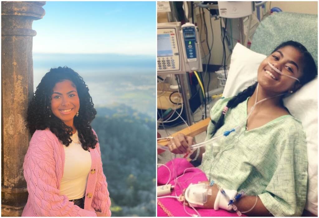 A photo on the left shows Kathia Chupany smiling, with a beautiful landscape behind her. A photo on the right shows Kathia in a hospital bed, smiling, with numerous IVs and other tubes connected to her body.