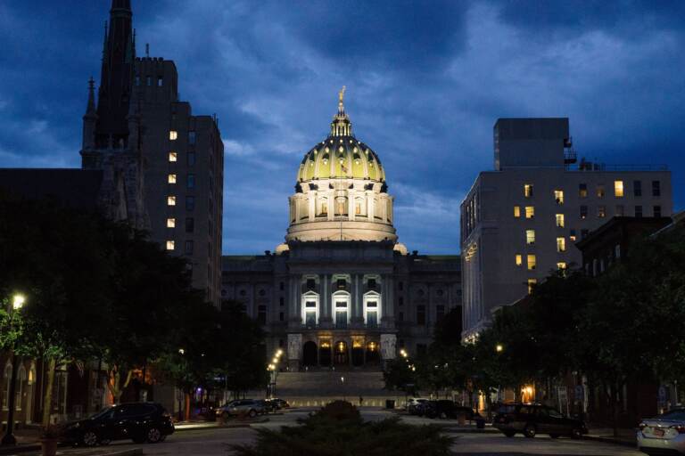 Pa. capitol building at night