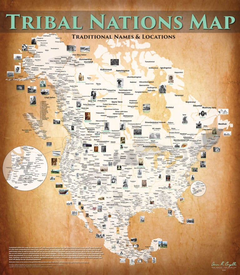A land acknowledgment is a statement before an event recognizing the indigenous communities that originally inhabited the event space. Above is a detail of a Tribal Nations Map by Aaron Carapella. Read more about Carapella's mapping project. (Aaron Carapella/Tribal Nations Map)