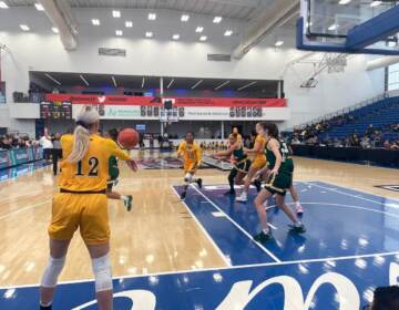 A player throws a basketball inbounds to her teammate during a basketball game.