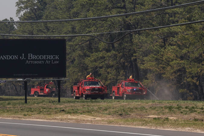 Firetrucks and firefighters spraying water on trees along the highway.