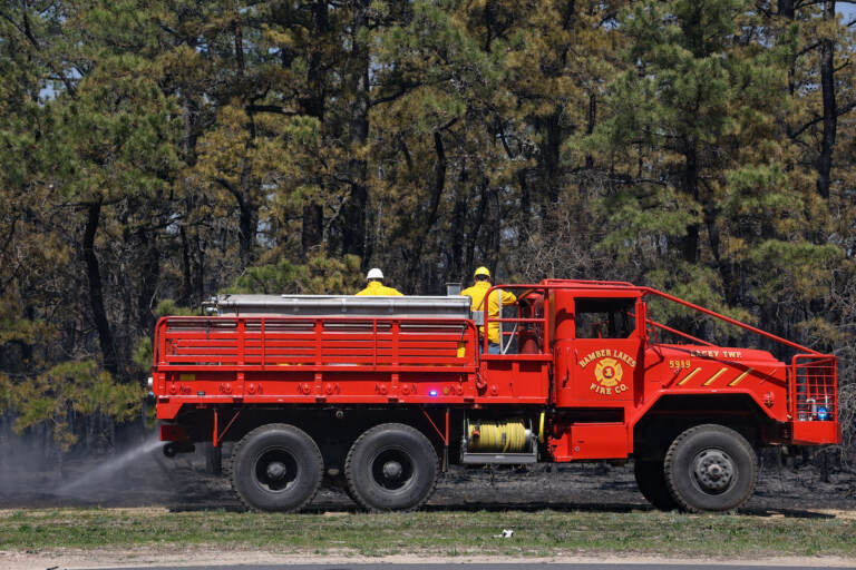 A fire truck and firefighters are visible in front of a forest.