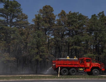 Firefighters on a firetruck are visible in front of a forest.