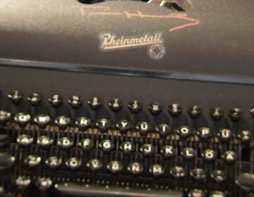 A closeup of a 1953 East German Rheinmetall Gs typewriter, donated to a shop in South Philadelphia by Tom Hanks.