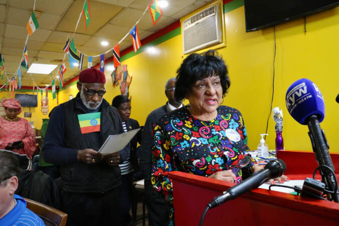 Jannie Blackwell, chair of the Mayor's Commission on Immigrant Affairs, speaks at the launch of Africatown Restaurant Week in Southwest Philadelphia