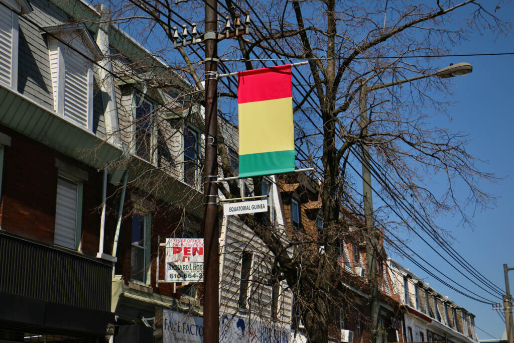 Flags of African and Caribbean nations hang along Woodland Avenue, part of the Africatown commercial area in Southwest Philadelphia