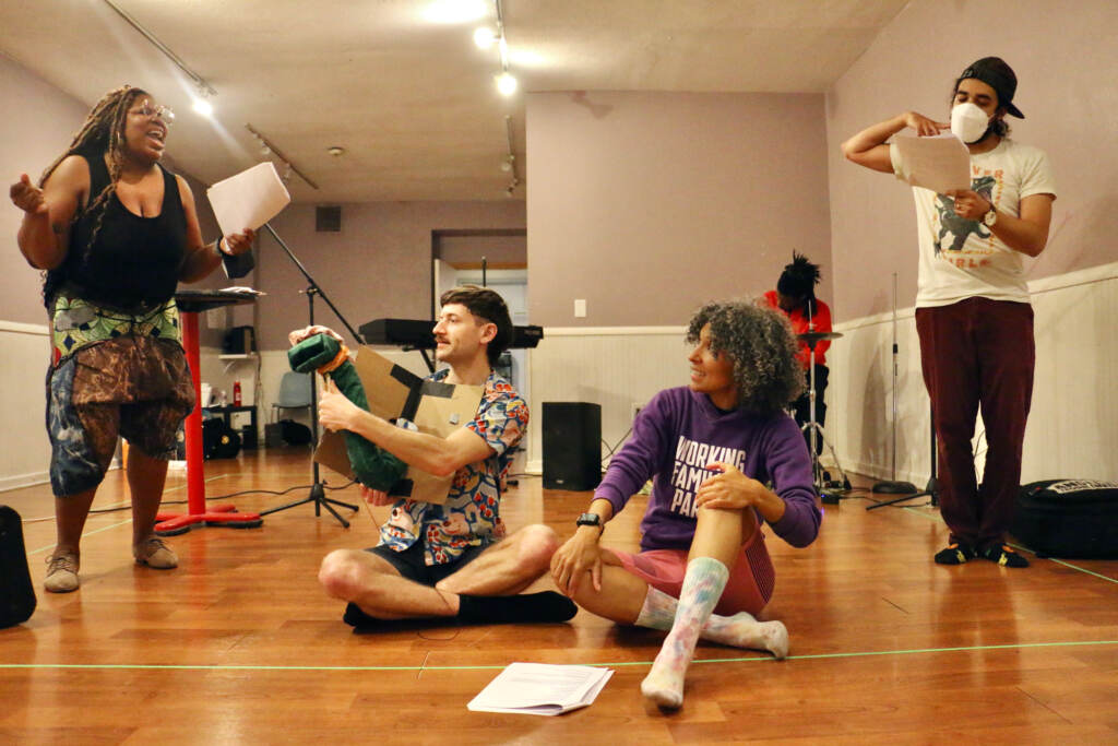 Elle Morris, Lili St. Queer, Sam Wise, Jordan McCree, and Anthony Martinez-Briggs rehearse at Headlong Dance Theater.