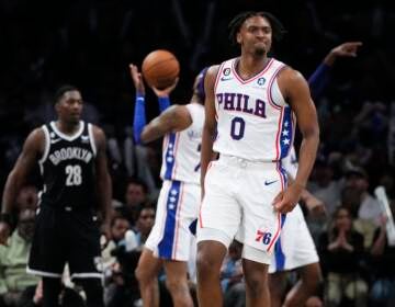 Philadelphia 76ers' Tyrese Maxey (0) reacts after scoring during the second half of Game 4 in an NBA basketball first-round playoff series against the Brooklyn Nets, Saturday, April 22, 2023, in New York.