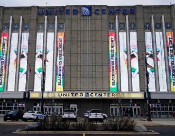 Screens display ''Blackhawks Pride Night'' outside United Center before an NHL hockey game between the Vancouver Canucks and the Chicago Blackhawks in Chicago