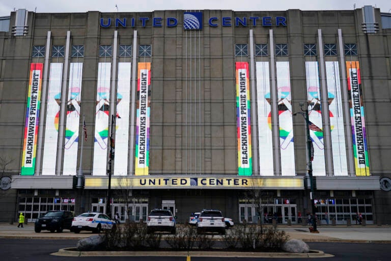 Screens display ''Blackhawks Pride Night'' outside United Center before an NHL hockey game between the Vancouver Canucks and the Chicago Blackhawks in Chicago