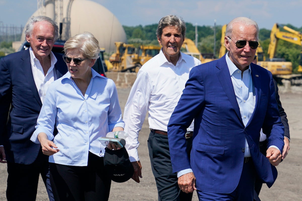 File photo: President Joe Biden arrives to speak about climate change and clean energy at Brayton Power Station, July 20, 2022, in Somerset, Mass., with Sen. Ed Markey, D-Mass., Sen. Elizabeth Warren, D-Mass., and Special Presidential Envoy for Climate John Kerry