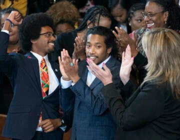 (From left) Expelled Rep. Justin Pearson, D-Memphis, expelled Rep. Justin Jones, D-Nashville, and Rep. Gloria Johnson, D-Knoxville