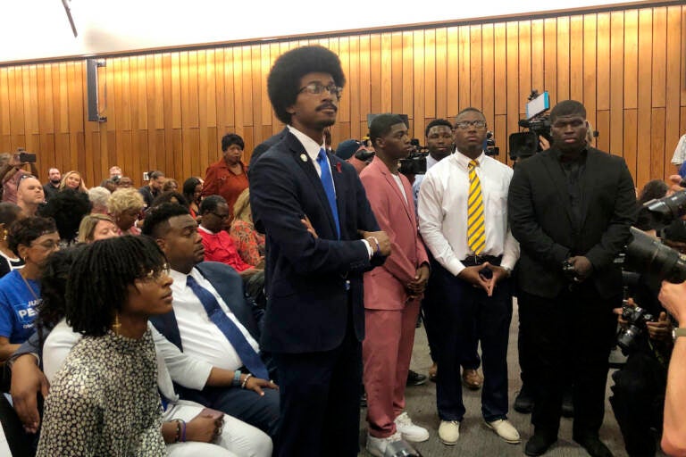 Justin Pearson enters the meeting room of the Shelby County Board of Commissioners on Wednesday, April 12, 2023 in Memphis