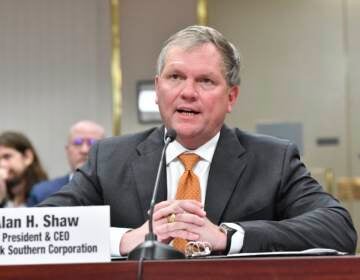 File photo: Norfolk Southern CEO Alan Shaw testifies about the Feb. 3 derailment in East Palestine, Ohio, before the Pennsylvania state Senate Veterans Affairs and Emergency Preparedness Committee, March 20, 2023, in Harrisburg