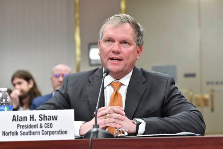 File photo: Norfolk Southern CEO Alan Shaw testifies about the Feb. 3 derailment in East Palestine, Ohio, before the Pennsylvania state Senate Veterans Affairs and Emergency Preparedness Committee, March 20, 2023, in Harrisburg