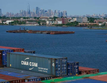 New York City is visible over the containers stacked on the CMA CGM Marco Polo in Elizabeth, N.J.