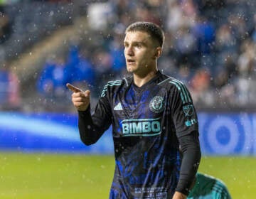 Philadelphia Union forward Mikael Uhre gestures after he scored against Toronto FC during the second half of an MLS soccer match Saturday