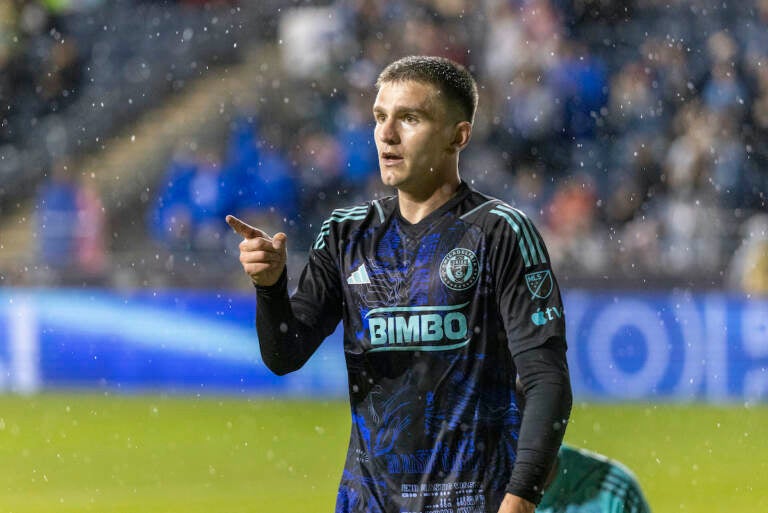 Philadelphia Union forward Mikael Uhre gestures after he scored against Toronto FC during the second half of an MLS soccer match Saturday