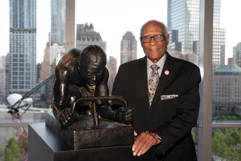 Olympic-medalist and former Moët Hennessy executive Herb Douglas attends the unveiling of artist Kadir Nelson's inspired art sculpture titled, ''The Major,'' at the World Trade Center