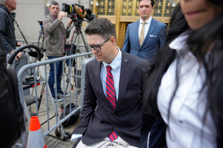 Brian Kolfage leaves court after being sentenced for defrauding donors to the ''We Build the Wall'' effort, Wednesday, April 26, 2023, in New York