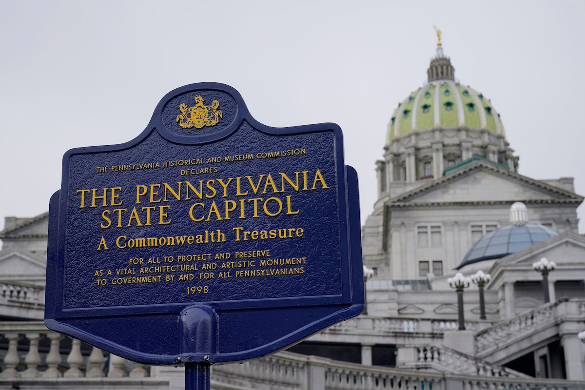 An historical marker at the Pennsylvania Capitol in Harrisburg