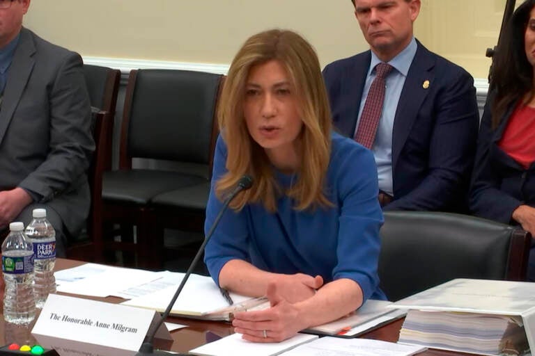 In this image from video provided by the U.S. House Appropriations Committee, Drug Enforcement Administration chief Anne Milgram speaks during a meeting with the committee on Capitol Hill in Washington