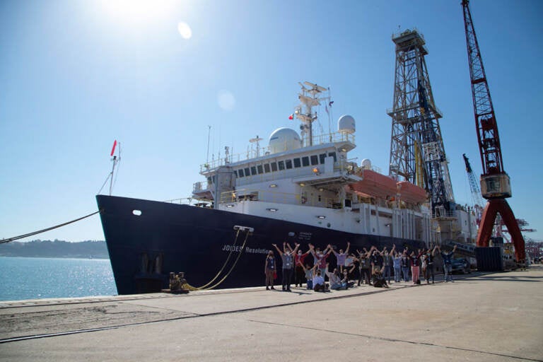 The science party of Expedition 397 arrives at the JOIDES Resolution in Lisbon, Portugal. (Courtesy of Sandra Herrmann, IODP JRSO)