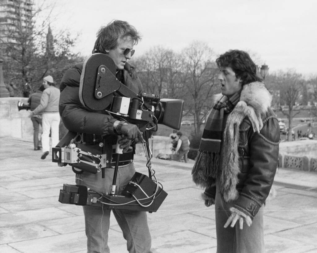 Garrett Brown (left) stands with the Steadicam system on the steps of the Philadelphia Art Museum with Sylvester Stallone to film a scene for the 1976 film ''Rocky.''