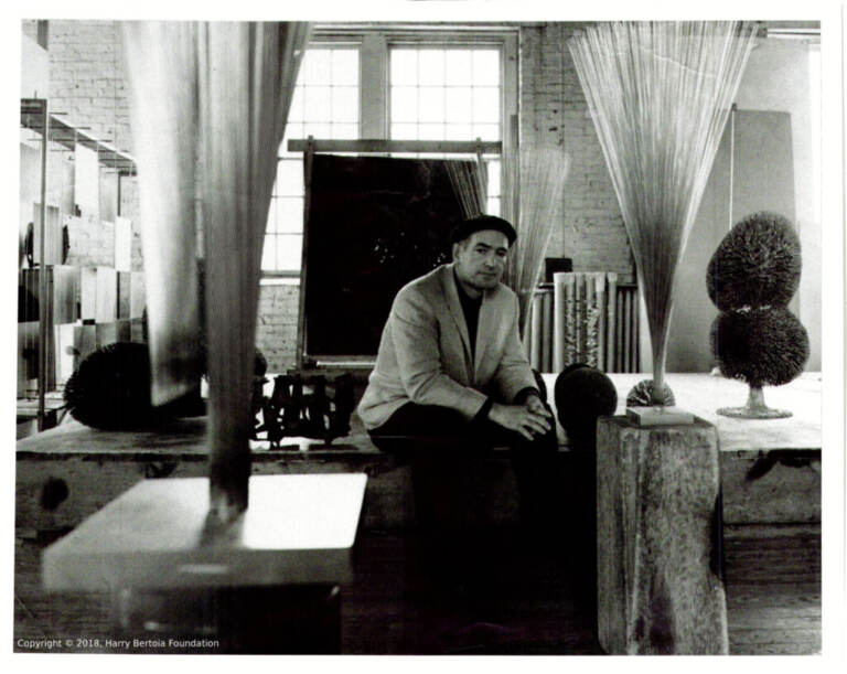 Harry Bertoia with samples of his sculpture in the early 1960s; his favorite photo of himself. (Credit: Harry Bertoia Foundation)