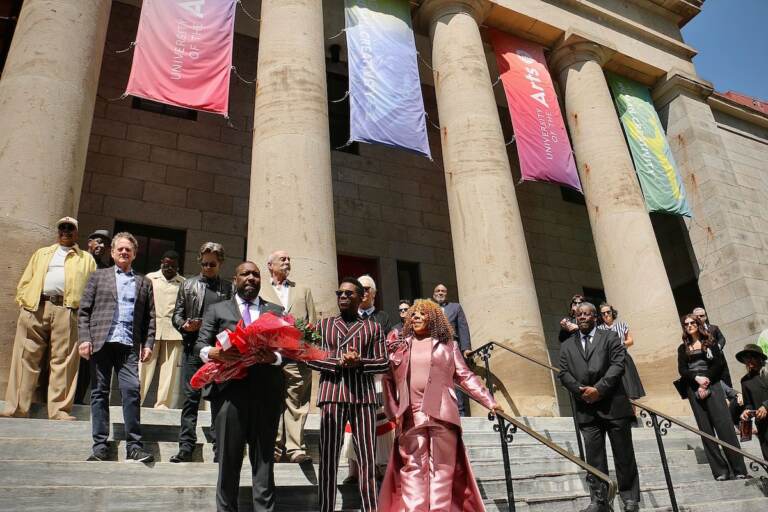 Six new inductees to the Philadelphia Music Alliance Walk of Fame gather on the steps of the University of the Arts’ Hamilton Hall for a ceremonial unveiling of their stars