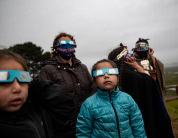 A Mapuche Indigenous family uses special glasses to try and observe a total solar eclipse in Carahue, La Araucania, Chile, Monday, Dec. 14, 2020. The total eclipse was barely visible from Carahue because of an overcast sky. (AP Photo/Esteban Felix)