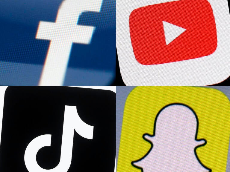 FILE - This combination of 2017-2022 photos shows the logos of Facebook, YouTube, TikTok and Snapchat on mobile devices.  Ohio's governor wants the state to require parental consent for kids under 16 to get new accounts on TikTok, Snapchat and other social media platforms. Republican Gov. Mike DeWine's two-year budget proposal, Tuesday, Feb. 14, 2023 would create a law that social media companies must obtain a parent's permission for children to sign up for social media and gaming apps.  
(AP Photo, File)