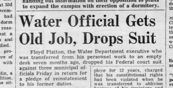 Old newspaper clipping with headline that reads Water Official Gets Old Job, Drops Suit