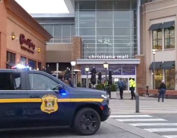 A police car outside of a mall building.