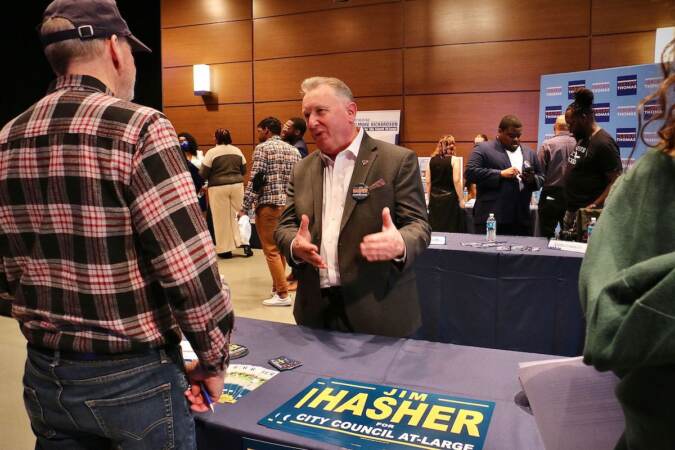 Philadelphia City Council candidate Jim Hasher talks with voters at a candidate convention hosted by WHYY. (Emma Lee/WHYY)