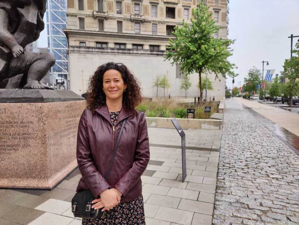 Eszter Kutas stands at the Holocaust Memorial Plaza in Center City.