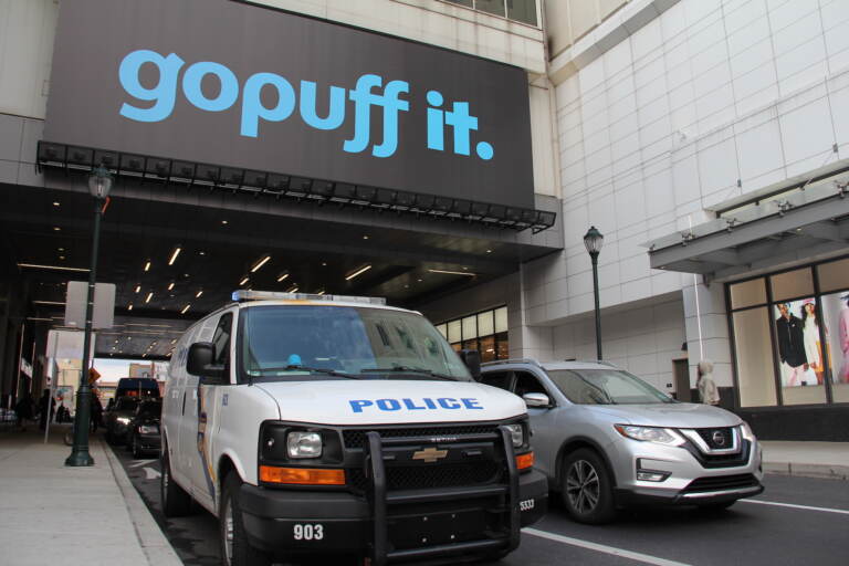 police car outside of the Fashion District Philadelphia mall.