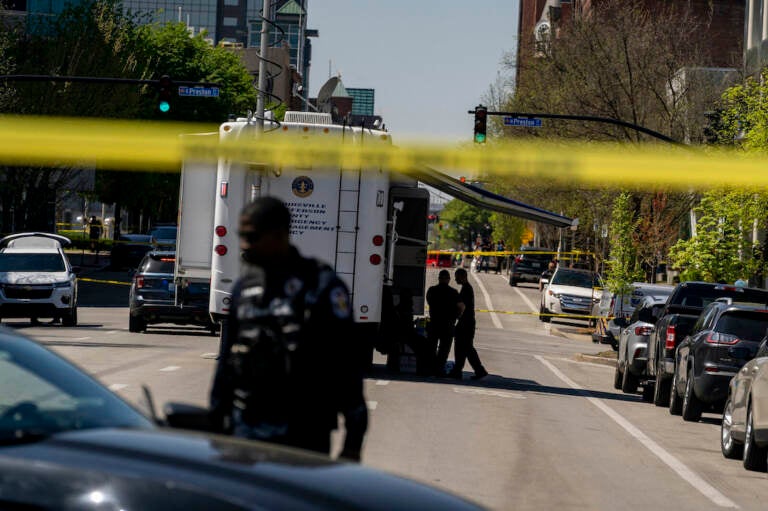 Police tape surrounds the Old National Bank