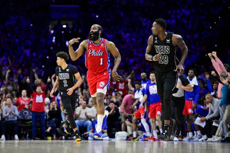 Harden celebrates on the court.