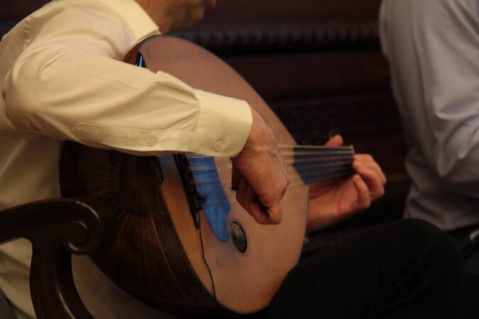 A close-up of someone playing a string instrument.