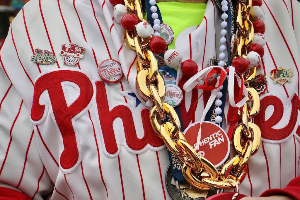 A close-up of Steve Wilson's Phillies accessories.