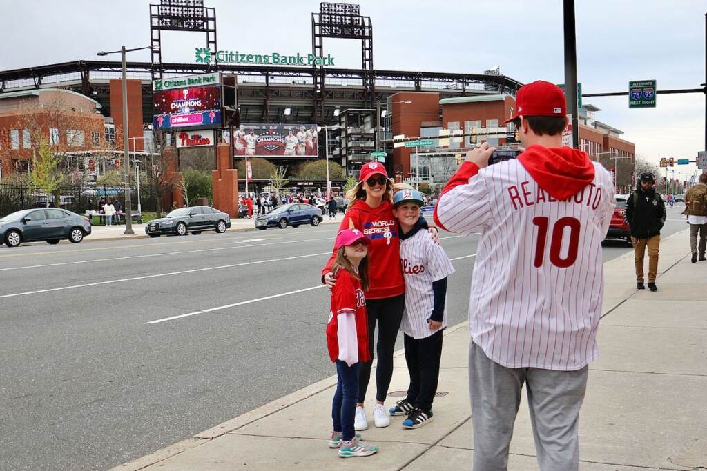 The Tinnelly family poses for a photo outside of Citizens Bank Park.