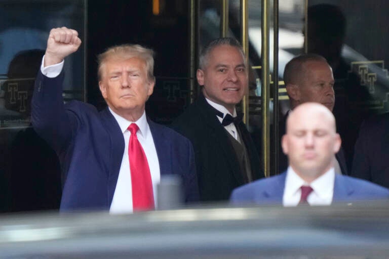 Former President Donald Trump leaves Trump Tower in New York on Tuesday, April 4, 2023. Trump will surrender in Manhattan on Tuesday to face criminal charges stemming from 2016 hush money payments. (AP Photo/Bryan Woolston)