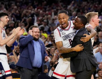 Connecticut guard Jordan Hawkins celebrates after the men's national championship college basketball game against San Diego State in the NCAA Tournament