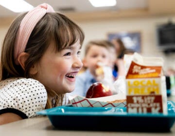 Young girl eating lunch in school cafeteria